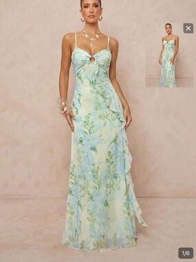 SHEIN Light Blue & Green Floral Ring-Front Spaghetti Strap Maxi Dress